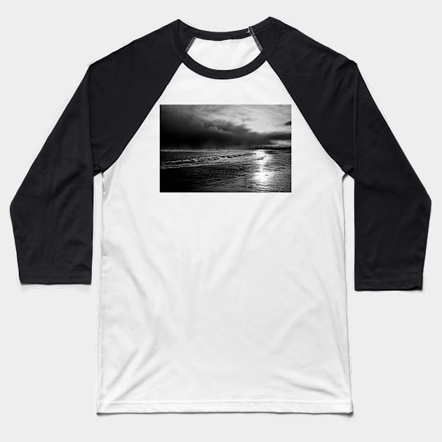 Storm Clouds on Cambois Beach in Monochrome Baseball T-Shirt by Violaman